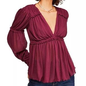 Free People Day Dreaming Fig Sorbet Ruffled Balloon Sleeve Top